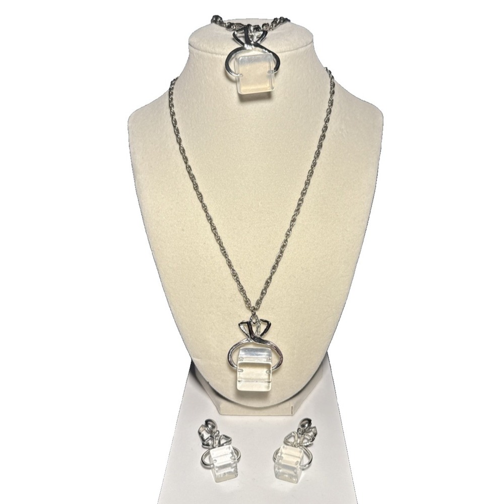 Silver Tone Ice Cube Jewelry Set Necklace Bracelet Clip On‎ Earrings Vtg J-12A